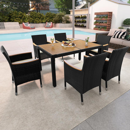 7 Piece Patio Furniture Set, Outdoor Dining Acacia Wood Table Top Rattan Conversation Set with Soft Cushions, 6 Chairs & 1 Table for Backyard, Deck, Garden & Yard, Black/Beige
