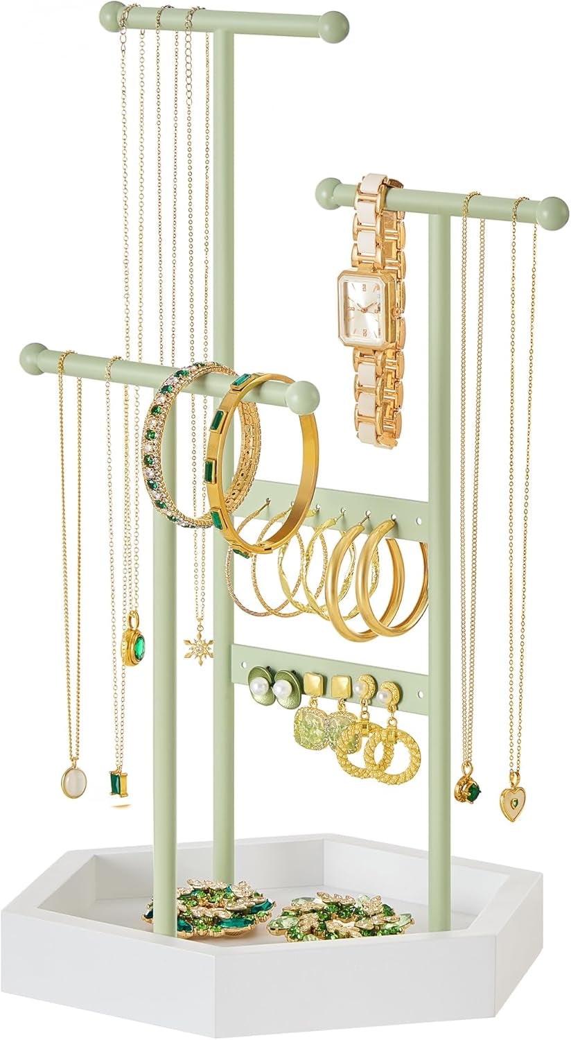 Jewelry Holder, Jewelry Organizer, 3 Tiers and 1 Tray, Jewelry Display Stand with Metal Frame, Necklace Earring Bracelet Holder, for Rings, Pale Gold and White UJJS003A01
