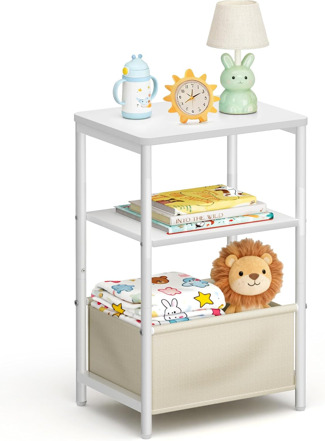 Nursery Side Table for Living Room with Large Storage Tabletop Small End Tables for Small Spaces with Fabric Basket White Bedside Table Toddler Night Stand for Bedroom, Sofa, Dorm, Office