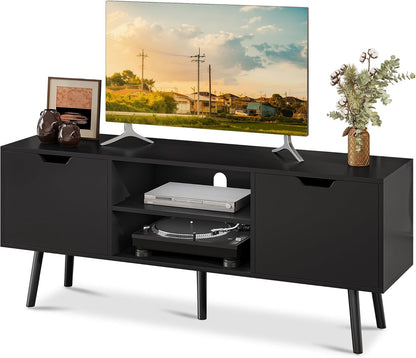 Black TV Stand for 50 55 60+ Inch Tvs - Media Console with 2 Cabinets & Open Shelves, Solid Wood Legs - TV Consoles for Living Room - 22" H Entertainment Center for Bedroom