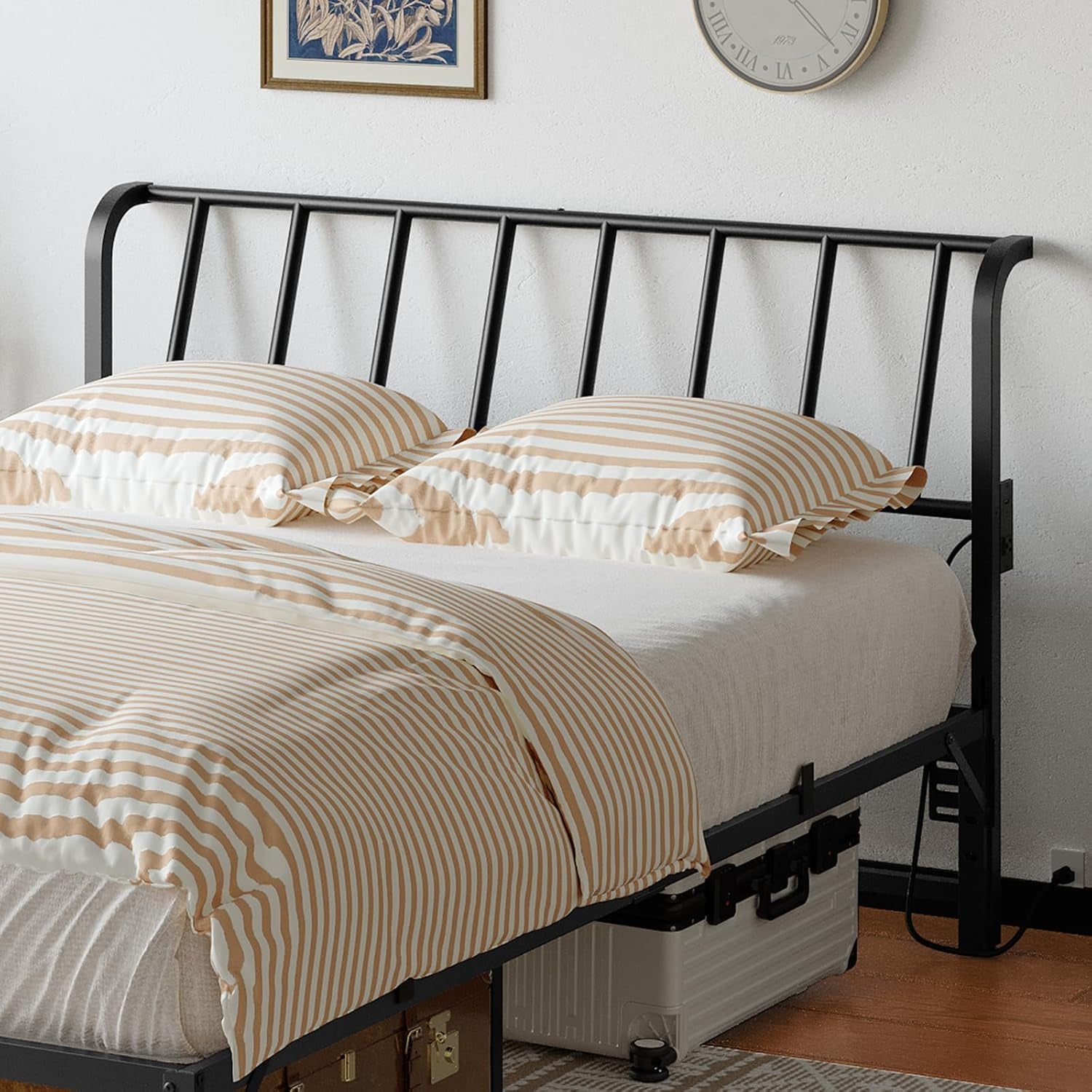 Queen Size Headboard Only, Metal Headboard with 2 Power Strips, 95 Degrees Reclining Backrest with Bed Frame Adapters, Easy Assembly, Black