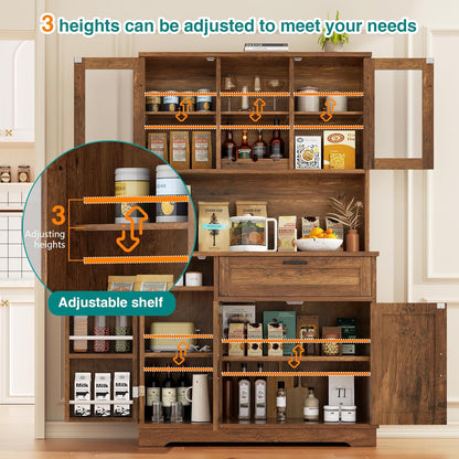 Tall Kitchen Pantry Storage Cabinet, Modern Pantry Cabinet with Hutch and Microwave Stand, Modern Kitchen Coffee Bar Hutch with Shelves for Dining Room, Brown