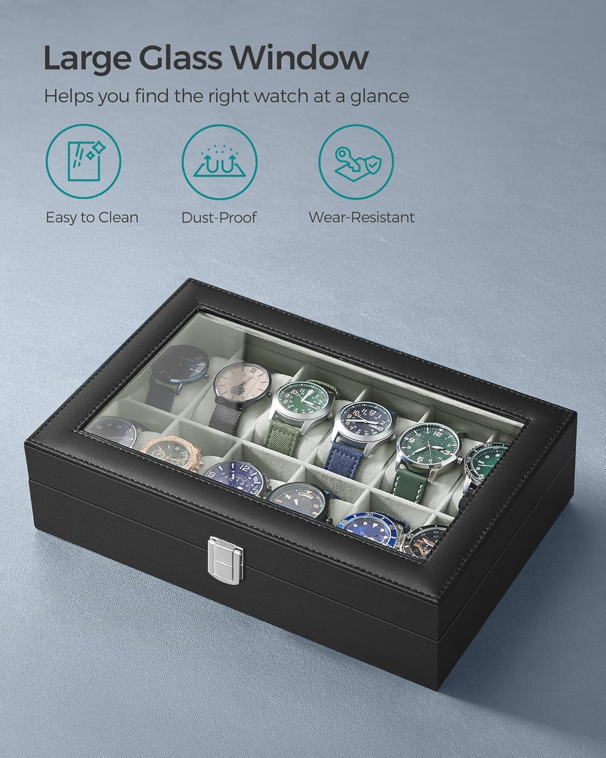 2 Items Bundle - Watch Boxes, 12-Slot Watch Box with Large Glass Lid and Removable Watch Pillows, 6-Slot Watch Case, Black Synthetic Leather UJWB12BK and UJWB006R01