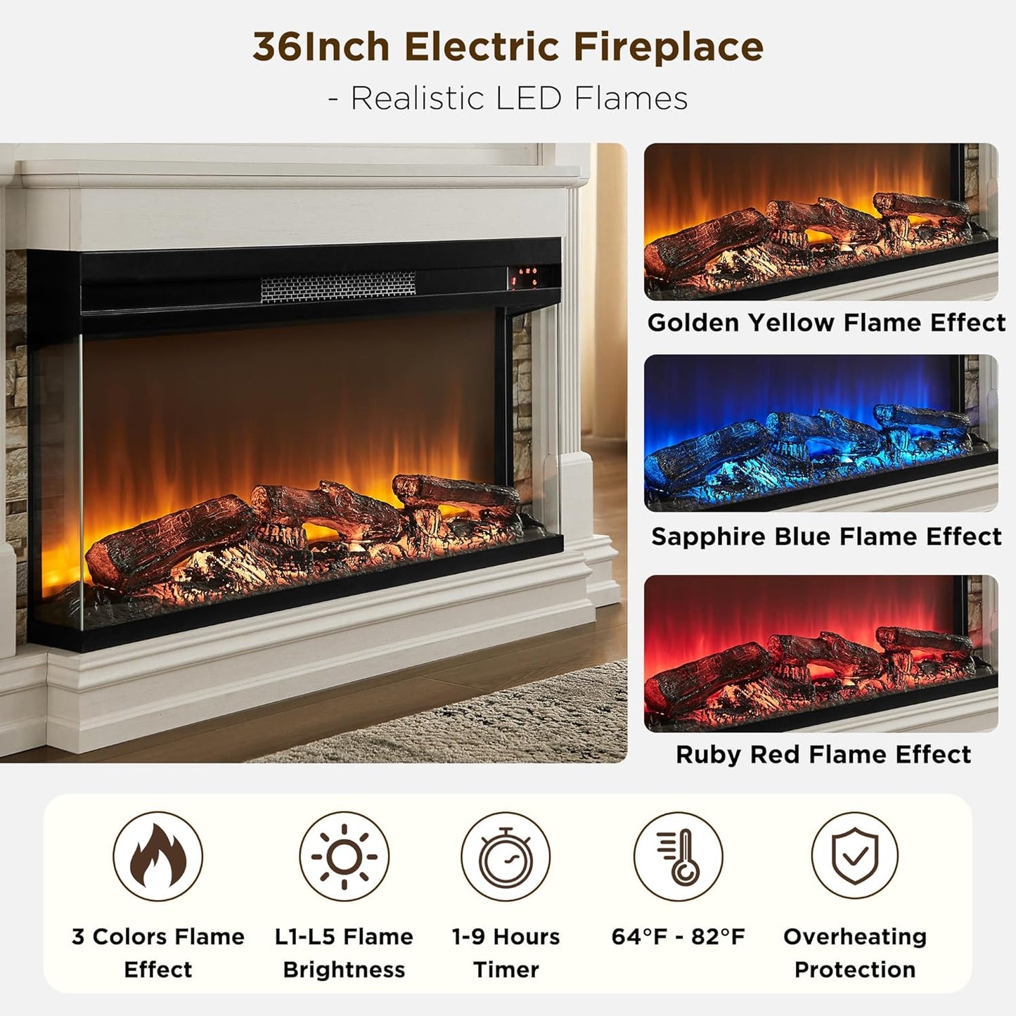 52 Inch Electric Fireplace with Mantel, Fireplace TV Stand with 36" 3-Sided Glass Electric Fireplace Heater for Living Room (Antique White)
