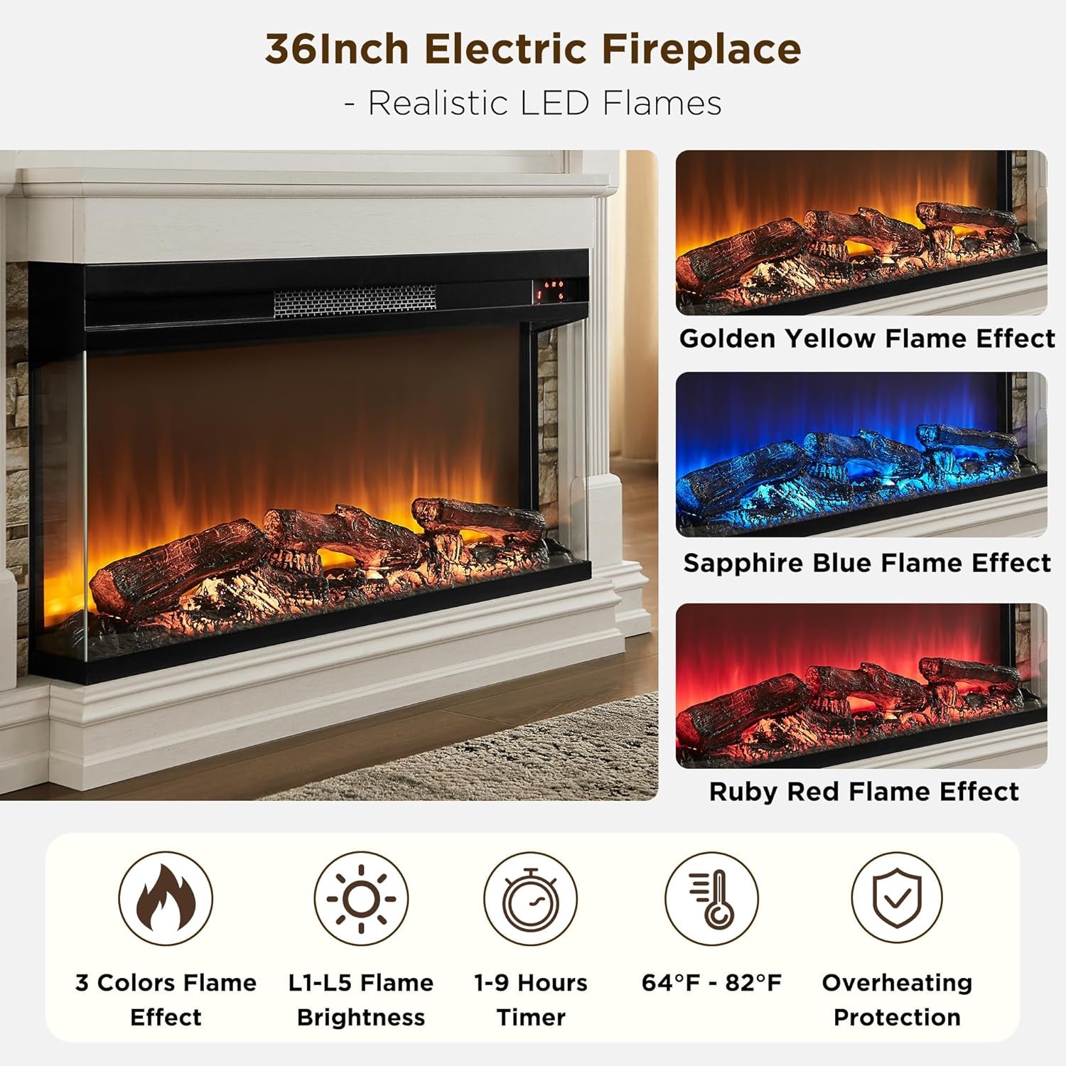 52 Inch Electric Fireplace with Mantel, Fireplace TV Stand with 36" 3-Sided Glass Electric Fireplace Heater for Living Room (Antique White)
