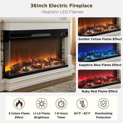52 Inch Electric Fireplace with Mantel, Fireplace TV Stand with 36" 3-Sided Glass Electric Fireplace Heater for Living Room (Antique White)