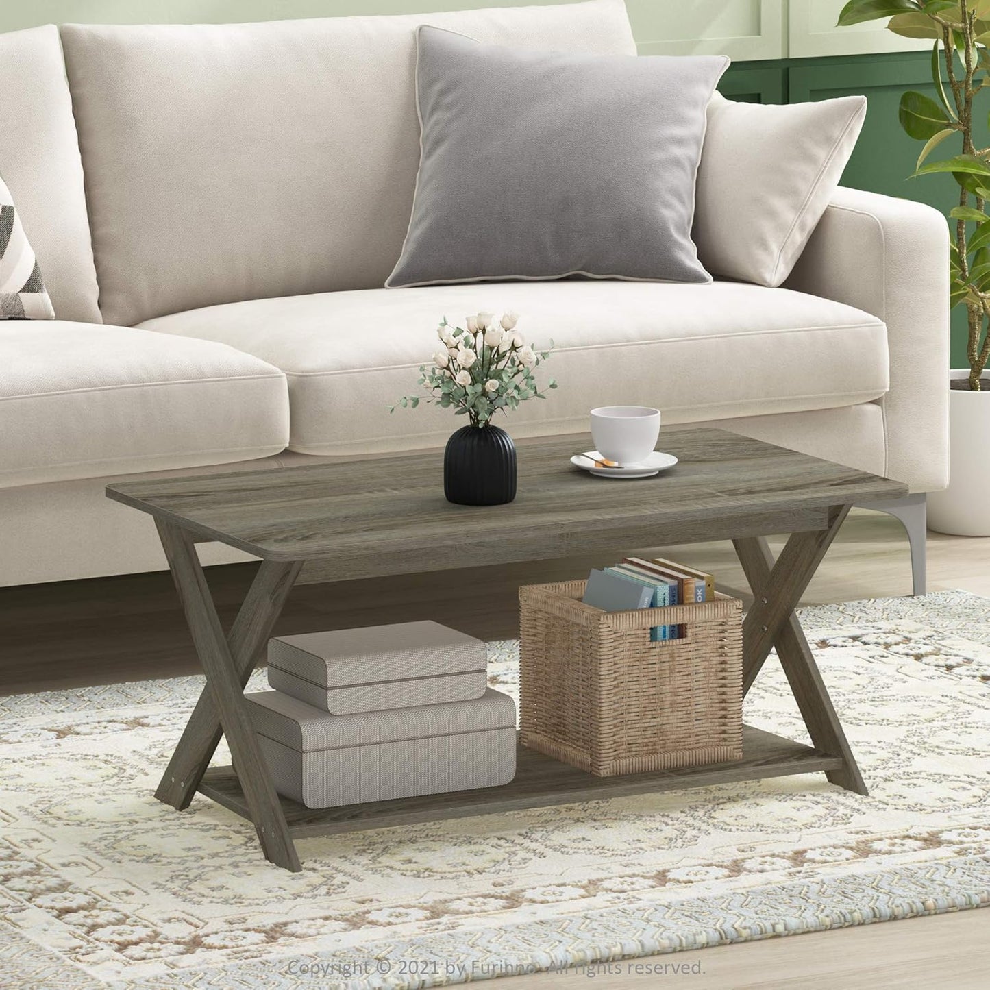 Modern Simplistic Criss-Crossed Coffee Table, 35.4 in X 19.6 in X 16 In, French Oak Grey