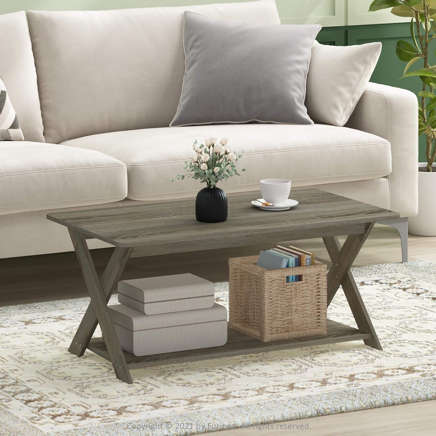 Modern Simplistic Criss-Crossed Coffee Table, 35.4 in X 19.6 in X 16 In, French Oak Grey