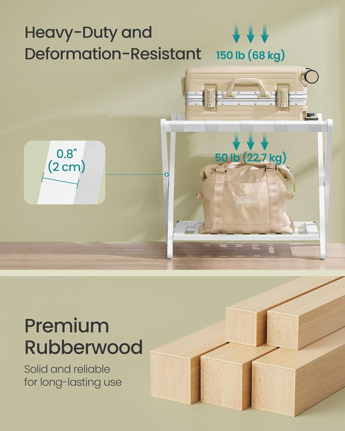 Solid Wood Luggage Rack, No Assembly Required, Foldable Suitcase Stand, Luggage Holder, with Storage Shelf, for Guest Room, Hotel, Bedroom, Cloud White URLR020W02