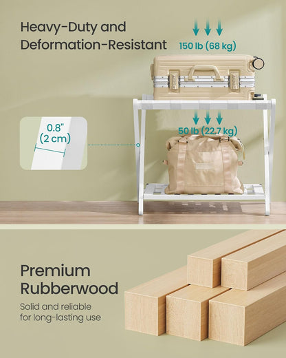 Solid Wood Luggage Rack, No Assembly Required, Foldable Suitcase Stand, Luggage Holder, with Storage Shelf, for Guest Room, Hotel, Bedroom, Cloud White URLR020W02