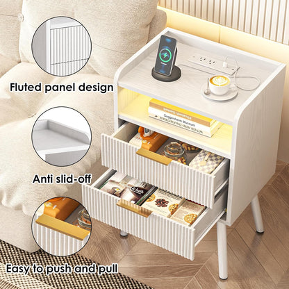 White Fluted Nightstand with Charging Station, LED Night Stand with 2 Wood Drawers for Bedroom, Modern Bedside Table, 15.7 X 11.8 X 25.6In