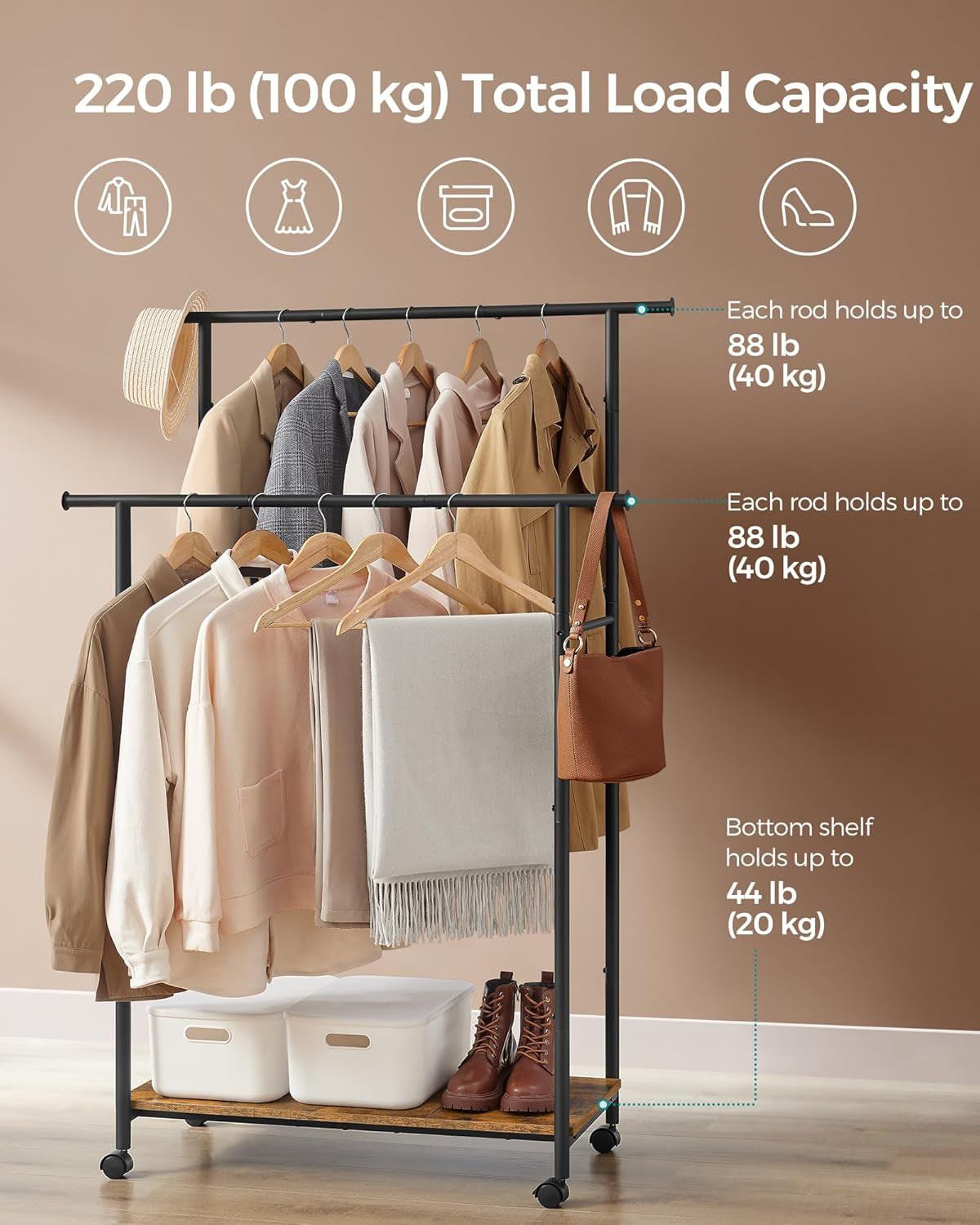 Double-Rod Clothes Rack with Wheels, 38.8 Inches Garment Rack with Shelf for Hanging Clothes, Loads up to 220 Lb, for Bedroom, Closet, Rustic Brown and Ink Black UHSR152B01