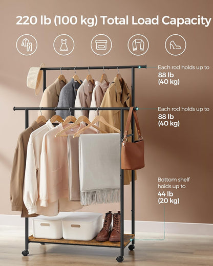 Double-Rod Clothes Rack with Wheels, 38.8 Inches Garment Rack with Shelf for Hanging Clothes, Loads up to 220 Lb, for Bedroom, Closet, Rustic Brown and Ink Black UHSR152B01