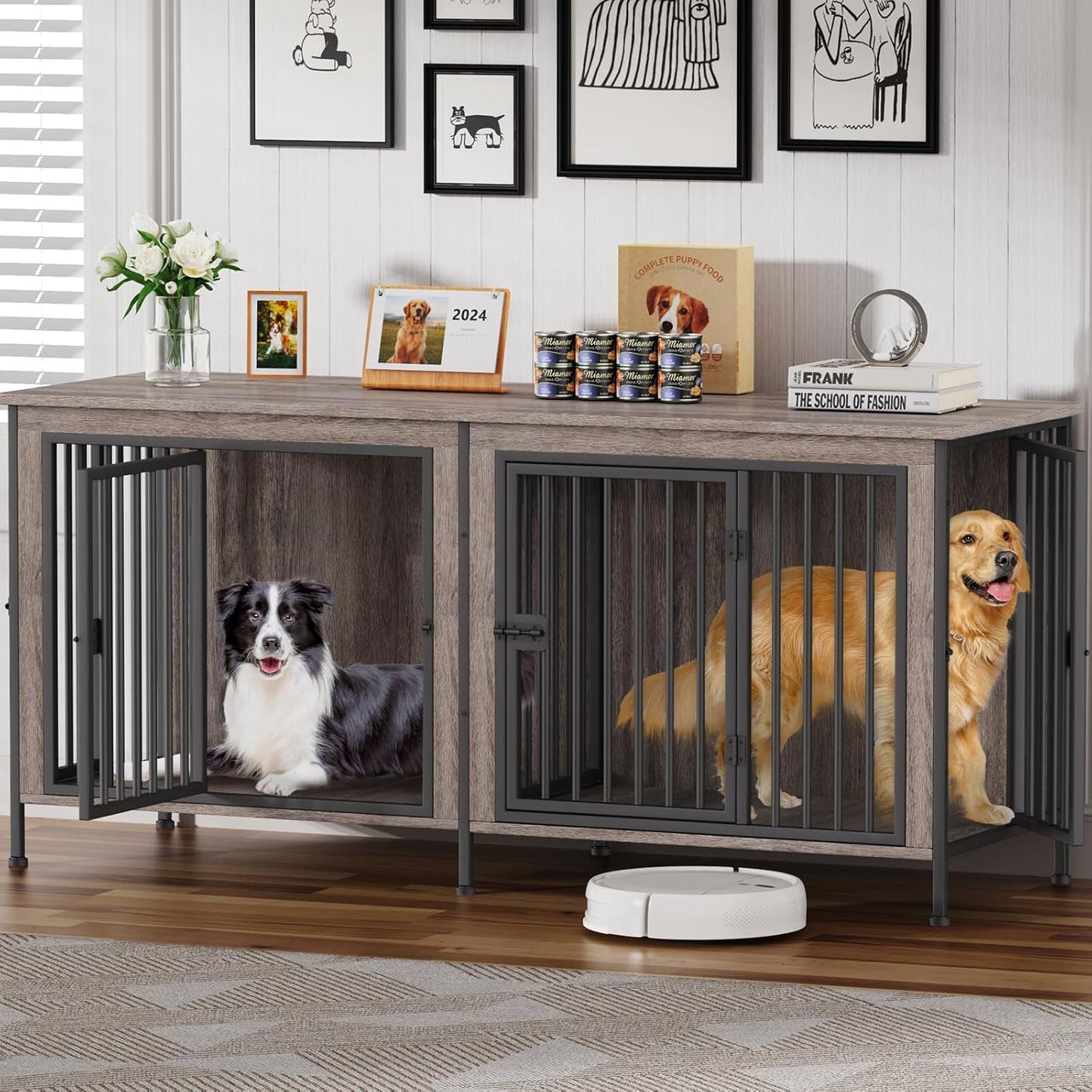 Dog Crate Furniture for 1 or 2 Dogs, Heavy Duty Single/Double Dog Crates for Small/Medium/Large Dogs, Dog Kennel Furniture Indoor as TV Stand, Large Size 78.74" L(35-60 Pounds), Oak Grey