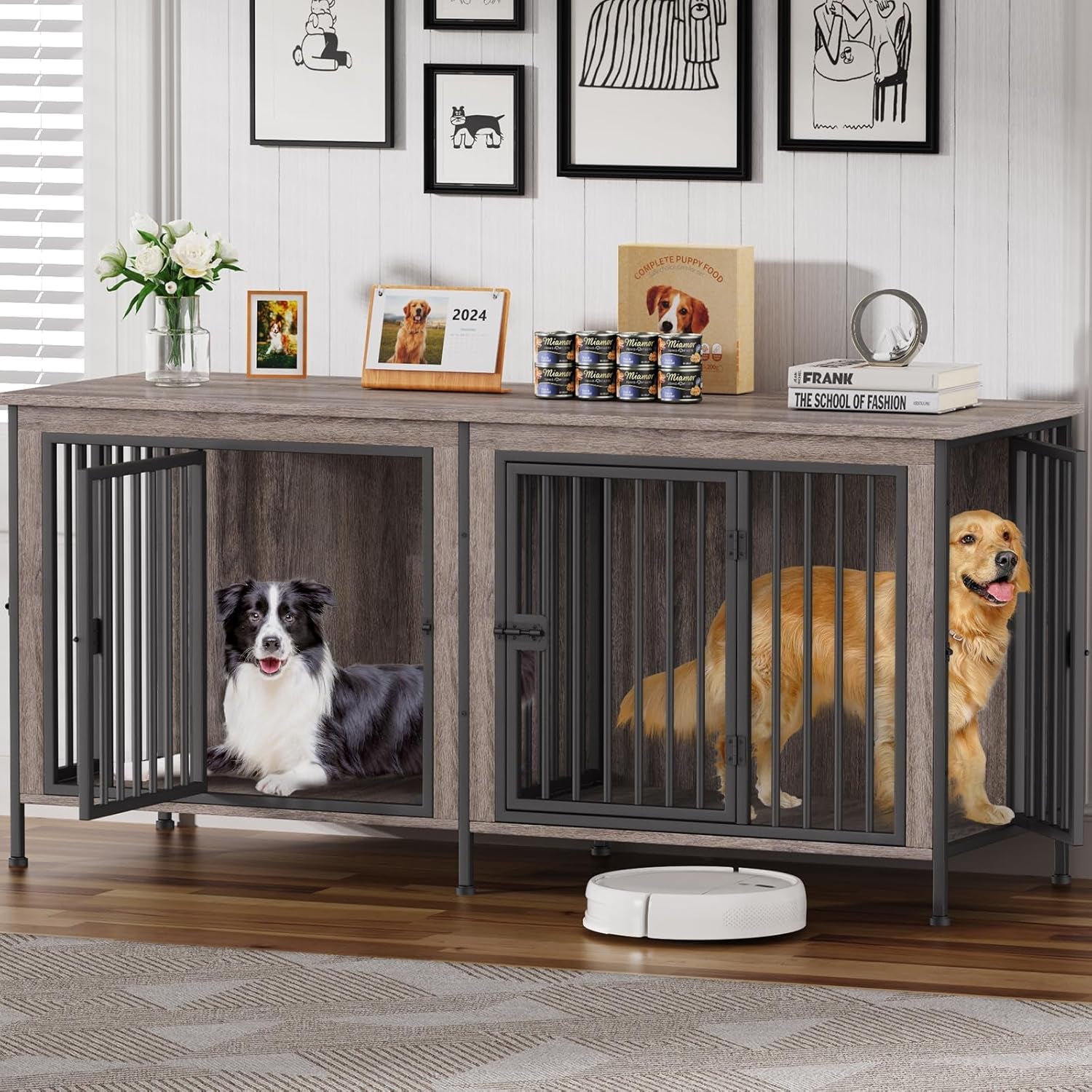 Dog Crate Furniture for 1 or 2 Dogs, Heavy Duty Single/Double Dog Crates for Small/Medium/Large Dogs, Dog Kennel Furniture Indoor as TV Stand, Large Size 78.74" L(35-60 Pounds), Oak Grey