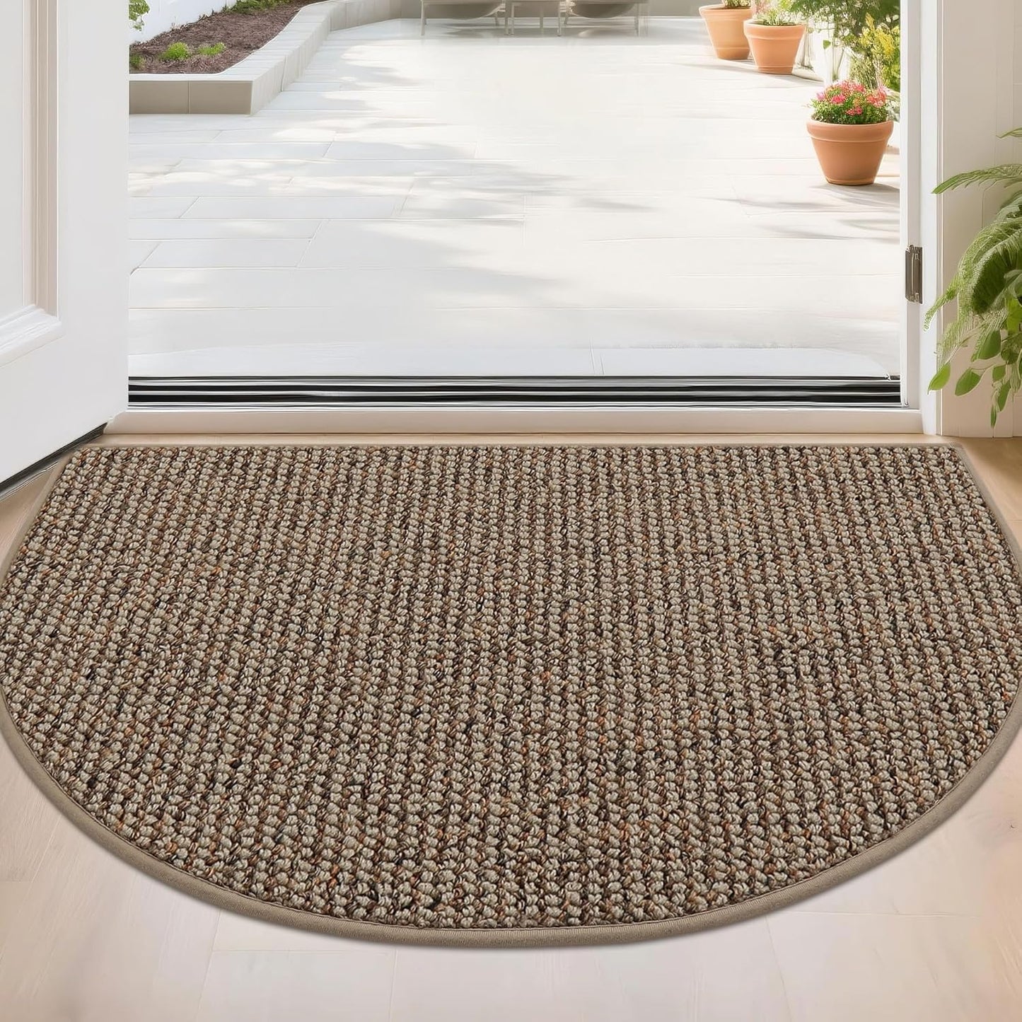 Dirt Trapper Door Mat 24" X 36" Half Circle Non-Slip Washable Doormats Entrance Rugs Absorbent Welcome Low Profile Floor Mats for Front Back Door and Entryway, Taupe