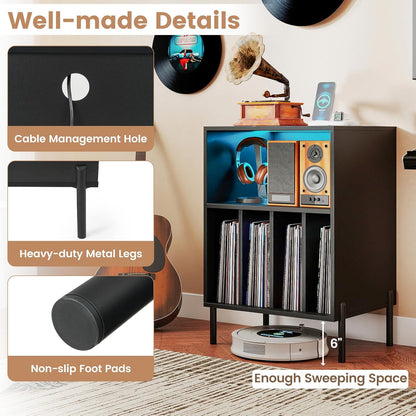 Record Player Stand with LED Lights & Charging Station, Turntable Stand with Record Holder, Record Player Table with Metal Legs, Vinyl Record Storage for Living Room, Music Room, Black