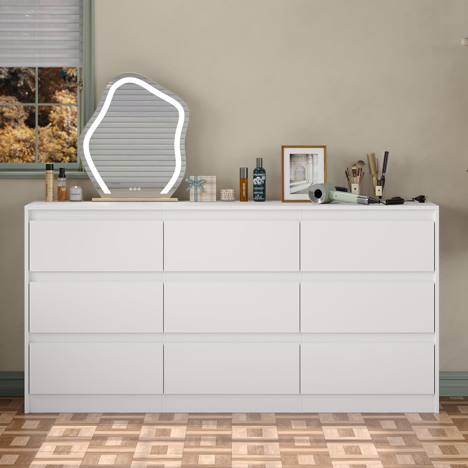 Modern 9 Large Storage Drawers Dresser for Clothes Organizer, White Modern Chest of Drawers for Closet,63" Long Drawer Organizer Cabinet for Bedroom,Living Room,Entryway,Hallway