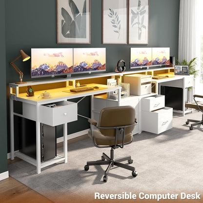 Computer Desk with 3 Drawers, Home Office Desk with File Drawer & Power Outlet, 59'' Gaming Desk with Led Lights, Long Work Desk with Storage Shelves, Printer Cabinet and Monitor Shelf, White
