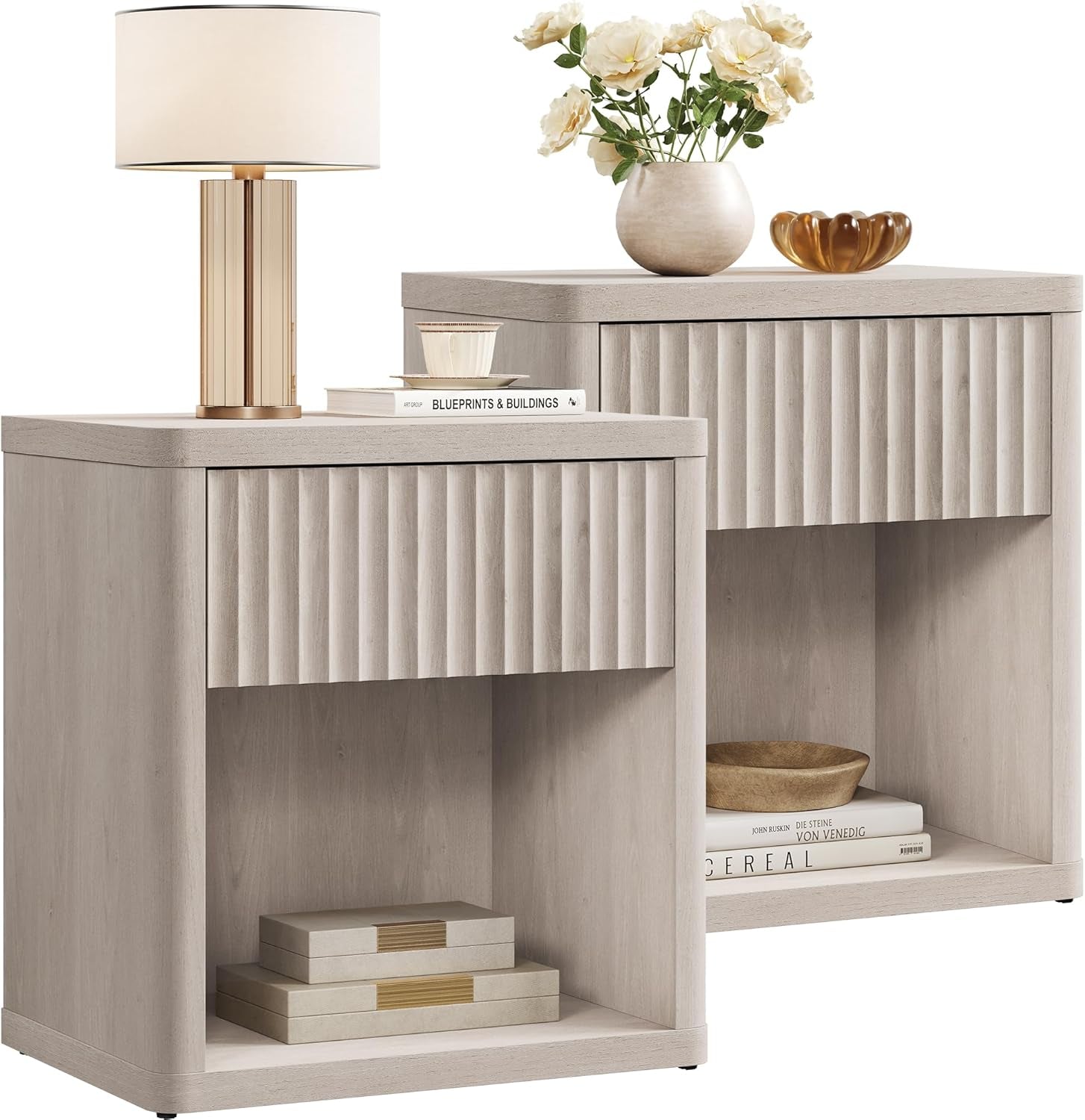 Night Stand Set of 2 Nightstands with Drawer Storage Fluted Bed Side Table End Table Large Modern Wide Bedside Stand Mid Century Night Stands for Bedroom Living Room Sofa Office, White Alder