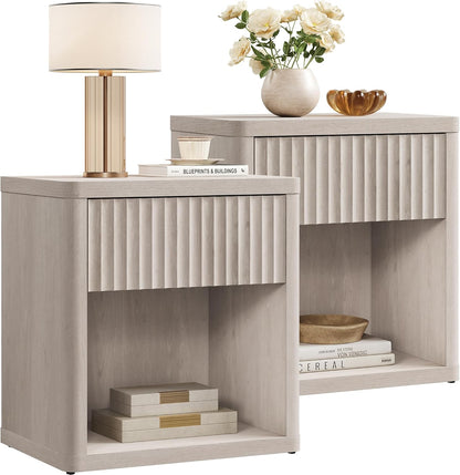 Night Stand Set of 2 Nightstands with Drawer Storage Fluted Bed Side Table End Table Large Modern Wide Bedside Stand Mid Century Night Stands for Bedroom Living Room Sofa Office, White Alder