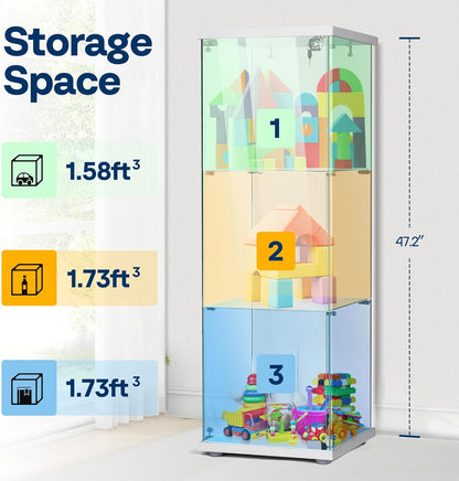 3 Layers 15.7''W X 15.7''D X 47.2''H Glass Display Cabinet Countertop Showcase with Lock, 5Mm Tempered Glass 25Mm MDF Base