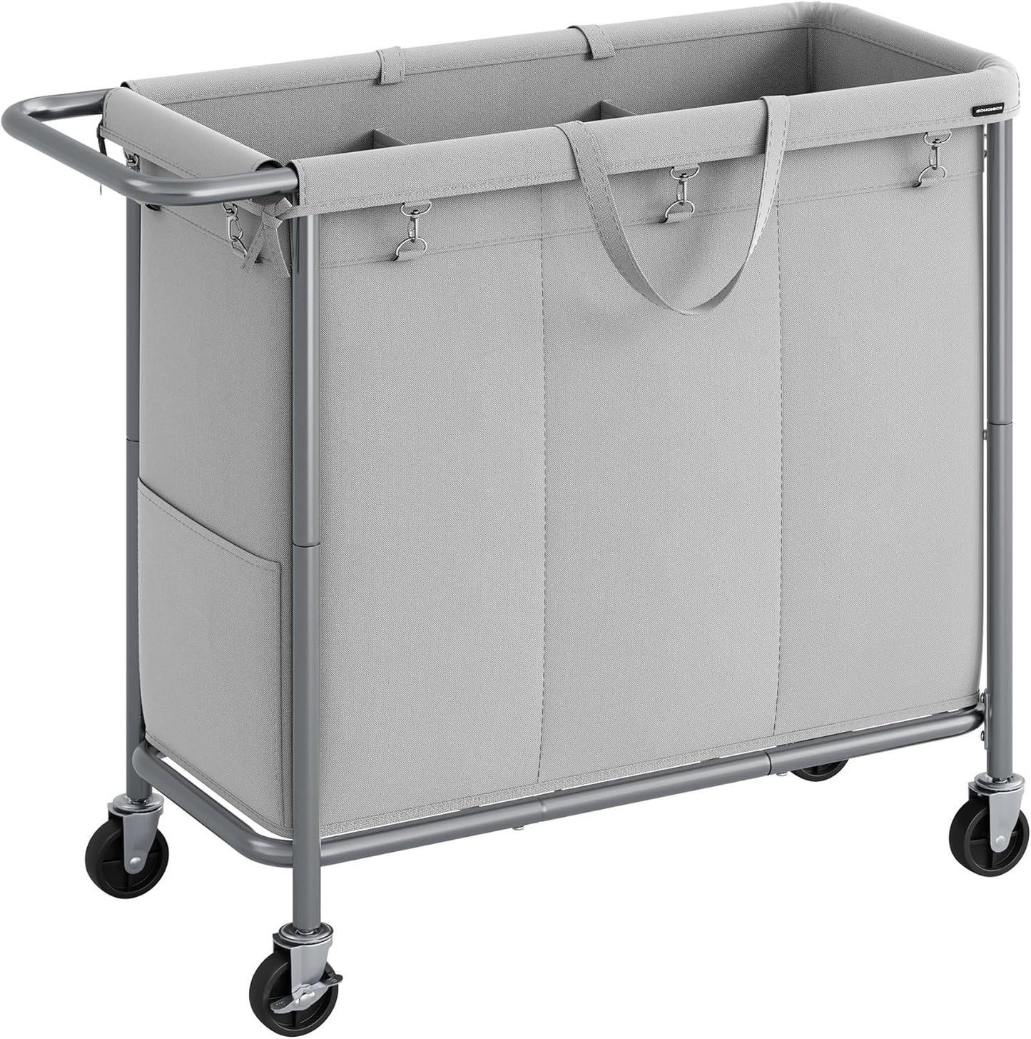 Laundry Basket with Wheels, 3-Section Rolling Laundry Hamper, 52.8 Gallons (200L), Removable Liner, Steel Frame with Handle, Blanket Storage, 35.8 X 15.4 X 31.9 Inches, Cream White URLS005W01