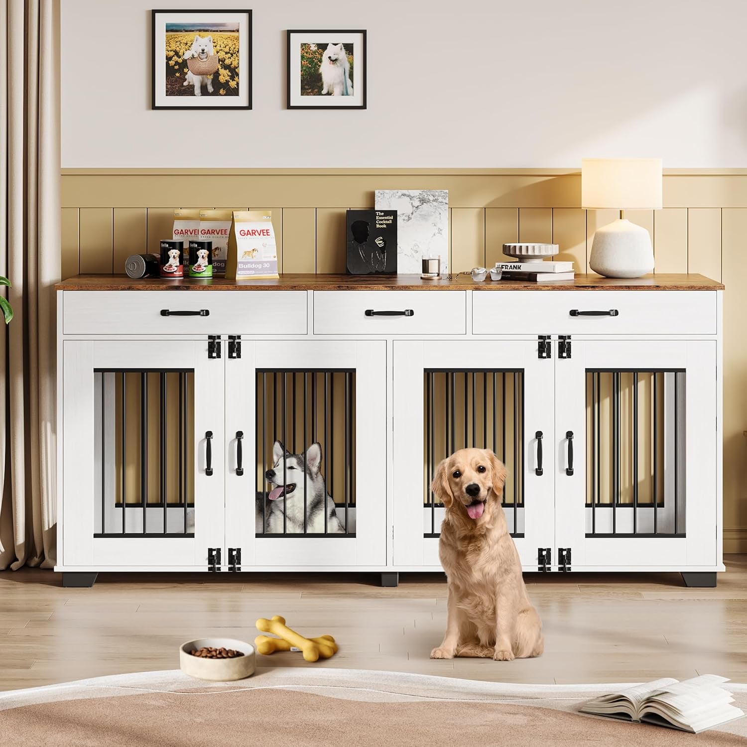 71" Dog Crate Furniture for 2 Dogs, Heavy Duty Indoor Dog Kennel TV Stand, XL Wooden Dog Cage with Divider for Medium Large Dogs, End Table Dog Crate