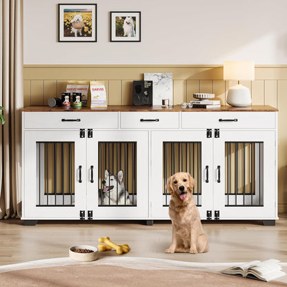 71" Dog Crate Furniture for 2 Dogs, Heavy Duty Indoor Dog Kennel TV Stand, XL Wooden Dog Cage with Divider for Medium Large Dogs, End Table Dog Crate