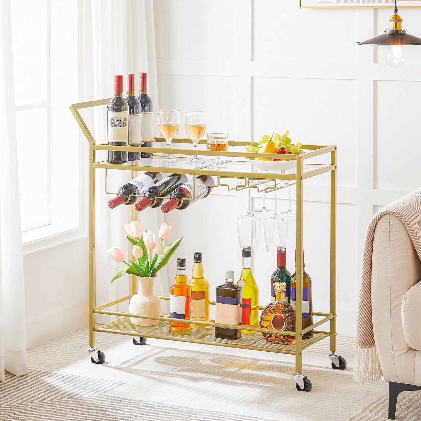 Bar Cart for the Home, 2-Tier Kitchen Cart with Wine Rack and Glass Holder, Serving Cart with Wheels and Guard Rails for Dining Room, Living Room, Party, Bar, Gold GD11TC01