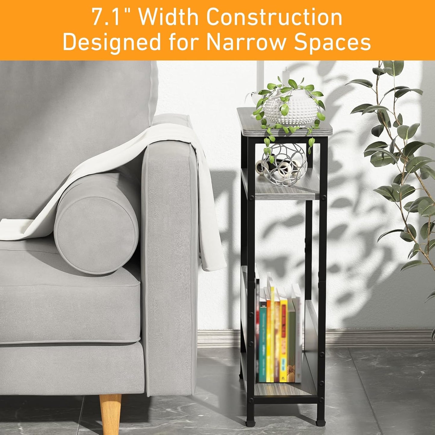 7.1" Narrow Side Table for Small Spaces, 3 Tier Small End Table with Magazine Holder, Slim/Skinny Nightstand/Bedside Table for Living Room, Bedroom, 15.4" L X 24.2" H, Gray