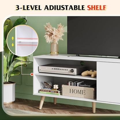 TV Stand for 55 Inch Tvs, Entertainment Center with Storage Cabinet, Mid-Century TV Stands for Living Room and Bedroom, 50" TV Console, White
