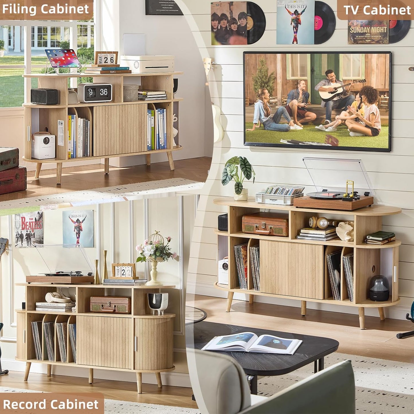 Large round Record Player Stand with Charging Station & Fluted Panel, Natural Mid Century Modern Turntable Cabinet with Vinyl Storage, Arched Wood Record Player Table for Living Room
