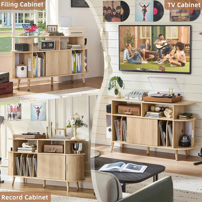 Large round Record Player Stand with Charging Station & Fluted Panel, Natural Mid Century Modern Turntable Cabinet with Vinyl Storage, Arched Wood Record Player Table for Living Room