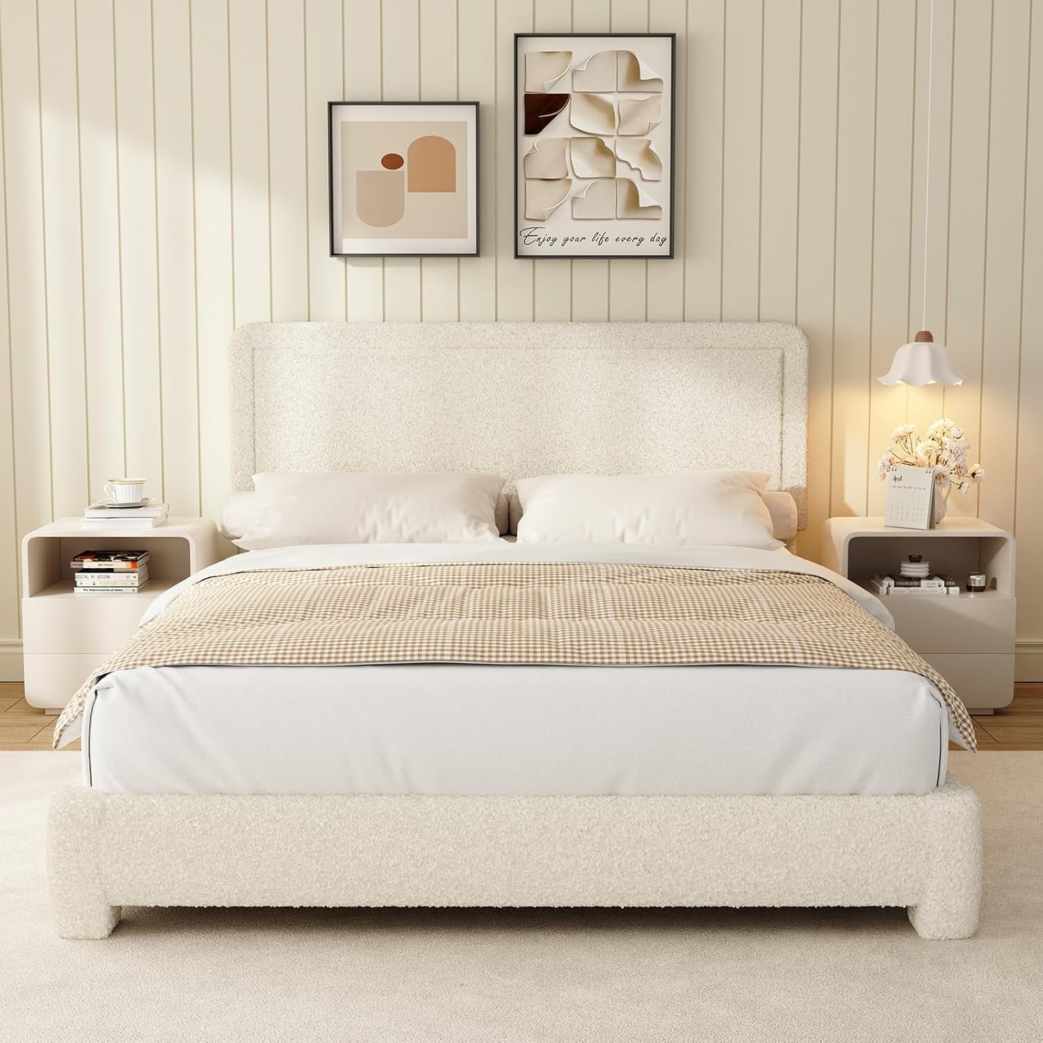 Queen Size Boucle Bed Frame, Modern Cream Bed Frame with Headboard, Soft Rounded Corners, No Box Spring Required, Adjustable Headboard, Easy Assembly