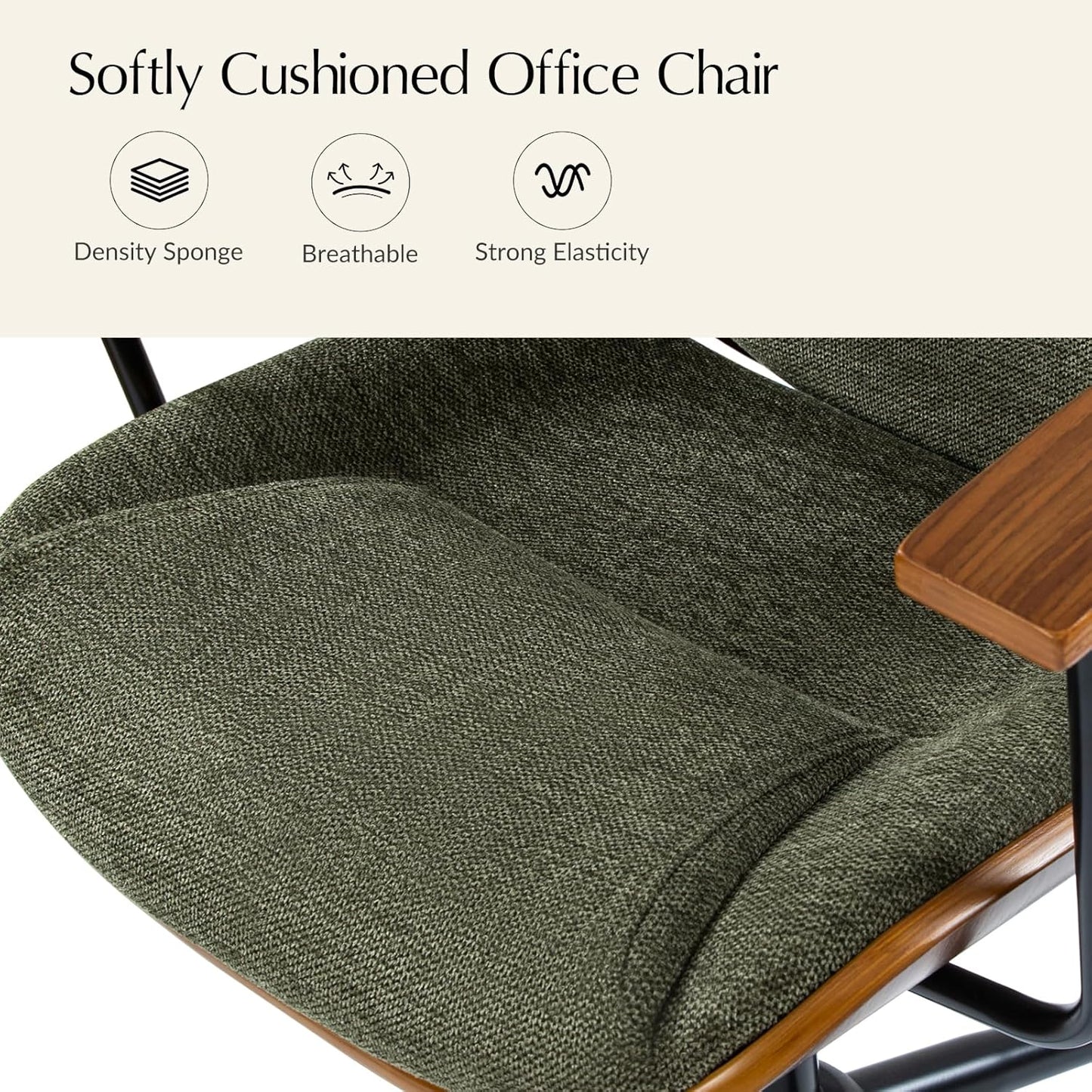 Solid Wood Office Chair with Rocking Function, Comfy Fabric Desk Chair with Bent Wood and Metal Base, Height Adjustable Swivel Computer Task Chair, Green