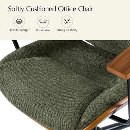 Solid Wood Office Chair with Rocking Function, Comfy Fabric Desk Chair with Bent Wood and Metal Base, Height Adjustable Swivel Computer Task Chair, Green