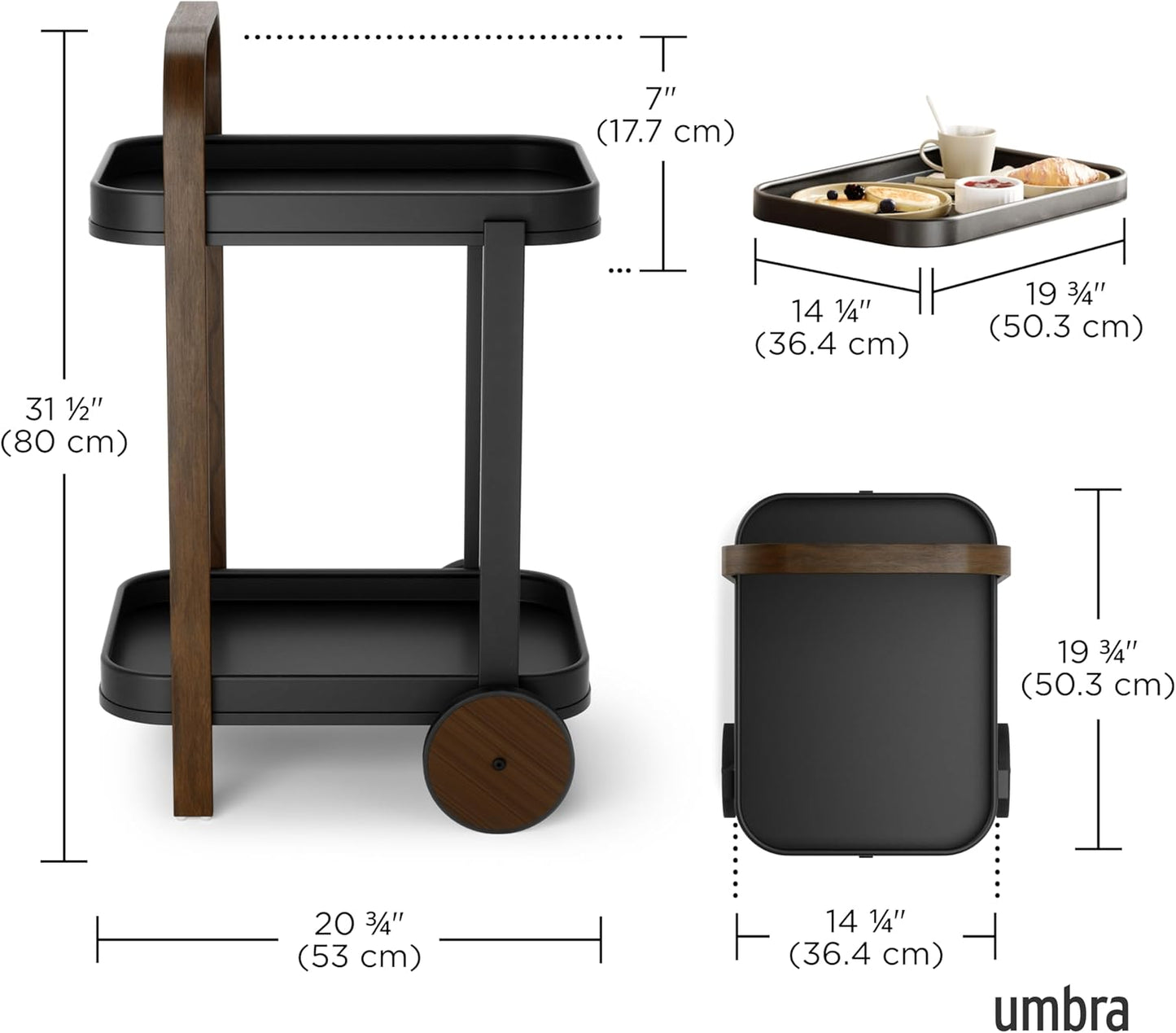 Bellwood Bar Cart, Serving Trolley, Side Table, Walnut/Black