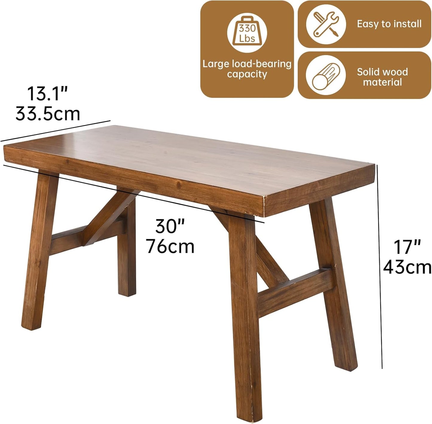 Handcrafted Solid Wood Bench, 30" - Farmhouse-Style Entryway Seating for Living & Dining Room, Rustic Design, Natural Finish