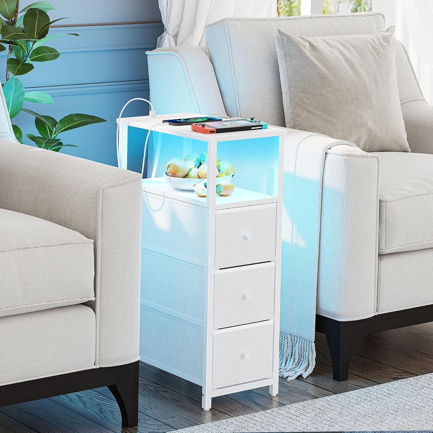 Narrow LED Night Stand with Charging Station, Slim End Table with Plugins, Tall Side Table with 3 Fabric Drawer, Small Bedside Table with Storage, for Living Room, White TB01BW086L
