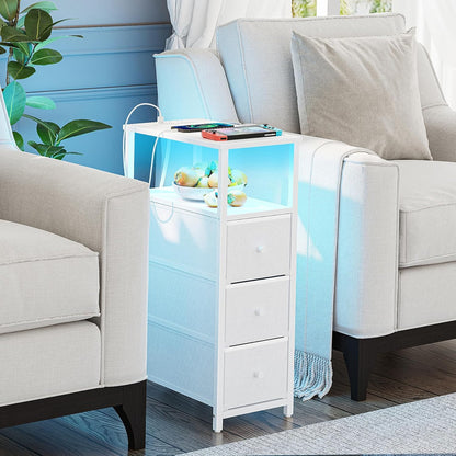 Narrow LED Night Stand with Charging Station, Slim End Table with Plugins, Tall Side Table with 3 Fabric Drawer, Small Bedside Table with Storage, for Living Room, White TB01BW086L