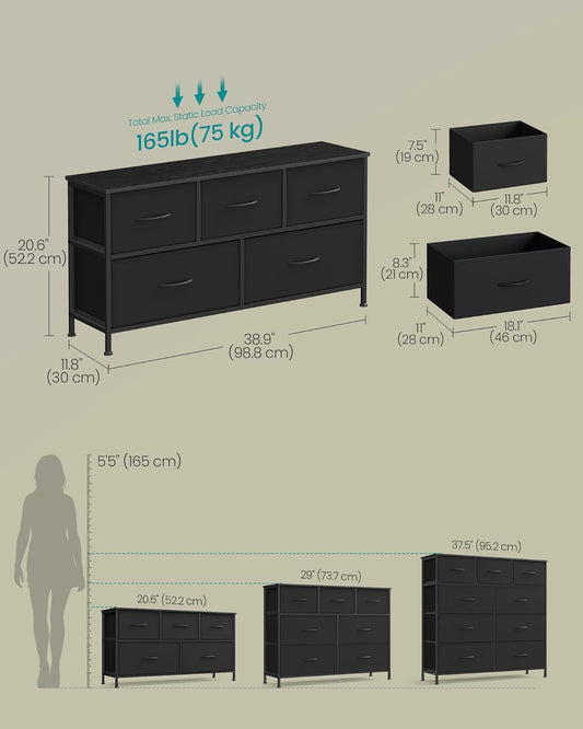 Dresser for Bedroom, Chest of Drawers, TV Stand, Steel, MDF, 5 Non-Woven Fabric Drawers, Storage Organizer Unit, Closet, Entryway, Ink Black and Ebony Black ULGS322B01S