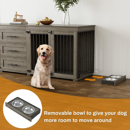 94.5" Large Dog Crate Furniture for 2 Dogs, Double Indoor Dog Kennel Furniture with 3 Drawers & 4 Dog Bowls, Wooden Heavy Duty Dog Cage Furniture Style TV Stand/Table/House, Brown