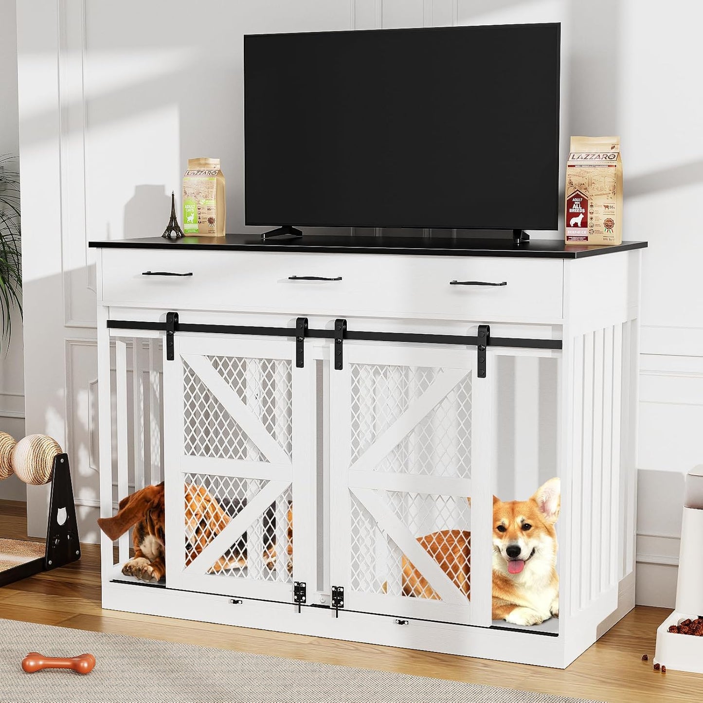 48" Dog Crate Furniture with Storage, Heavy Duty Dog Kennel Indoor with Divider for Small, Medium and Large Dogs, Large Dog Cage with Sliding Barn Door, Decorate House as TV Stand, End Table