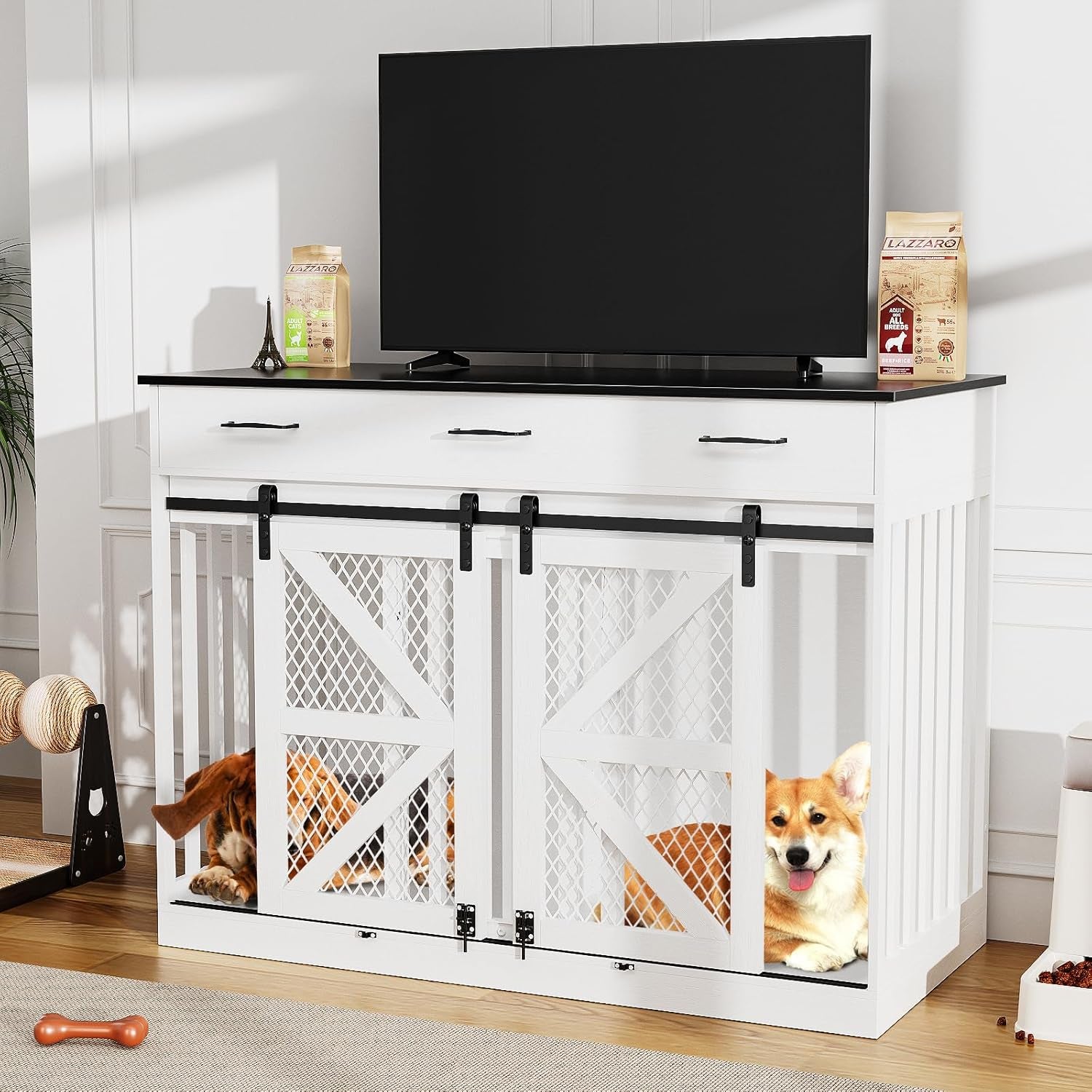 48" Dog Crate Furniture with Storage, Heavy Duty Dog Kennel Indoor with Divider for Small, Medium and Large Dogs, Large Dog Cage with Sliding Barn Door, Decorate House as TV Stand, End Table
