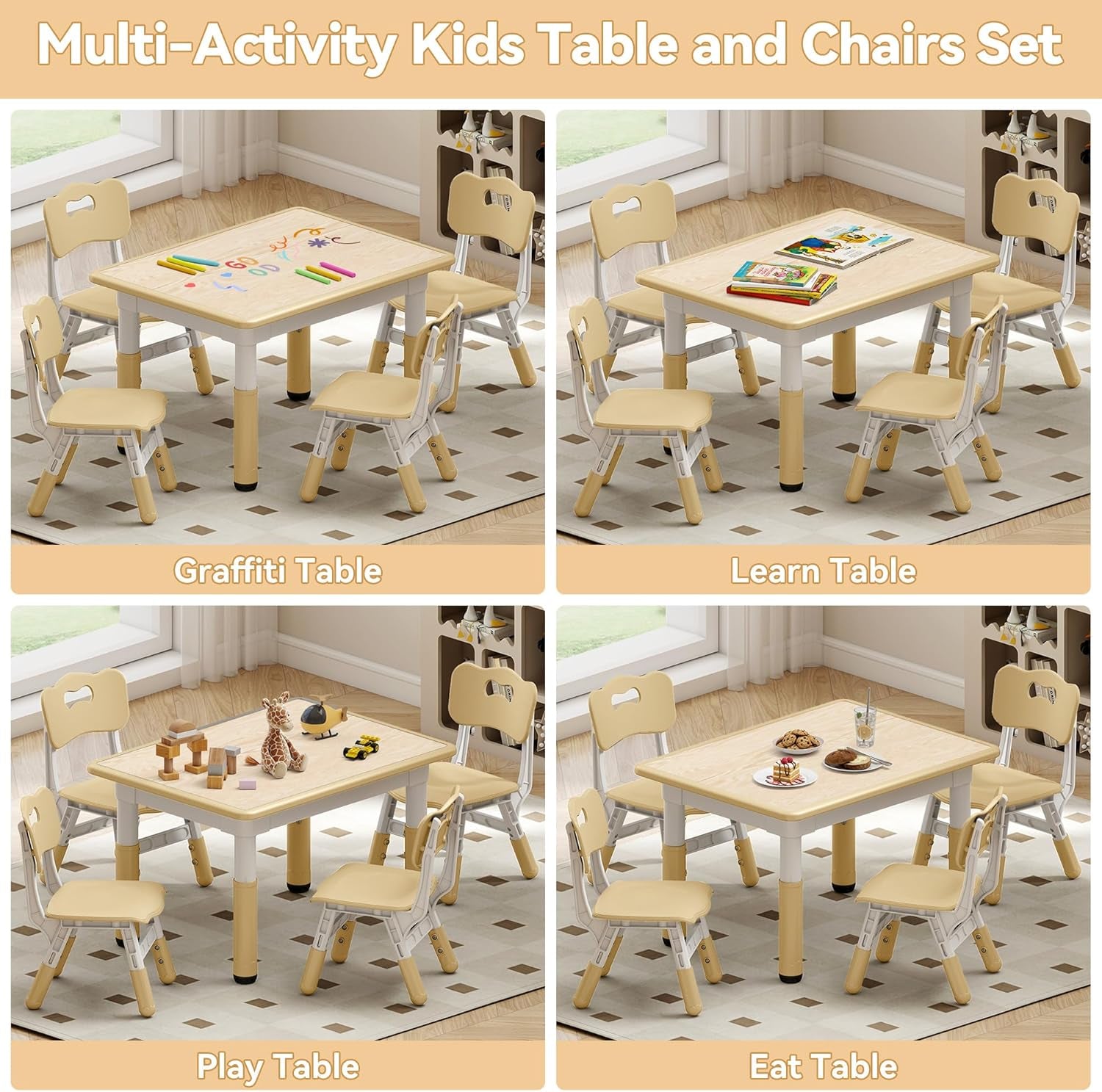 Kids Study Table and Chairs Set, Height Adjustable Toddler Table and Chair Set for Kids Ages 3-8, 31.5" L X 23.6" W Graffiti Desktop Plastic Children Art Table with 4 Seats, Brown
