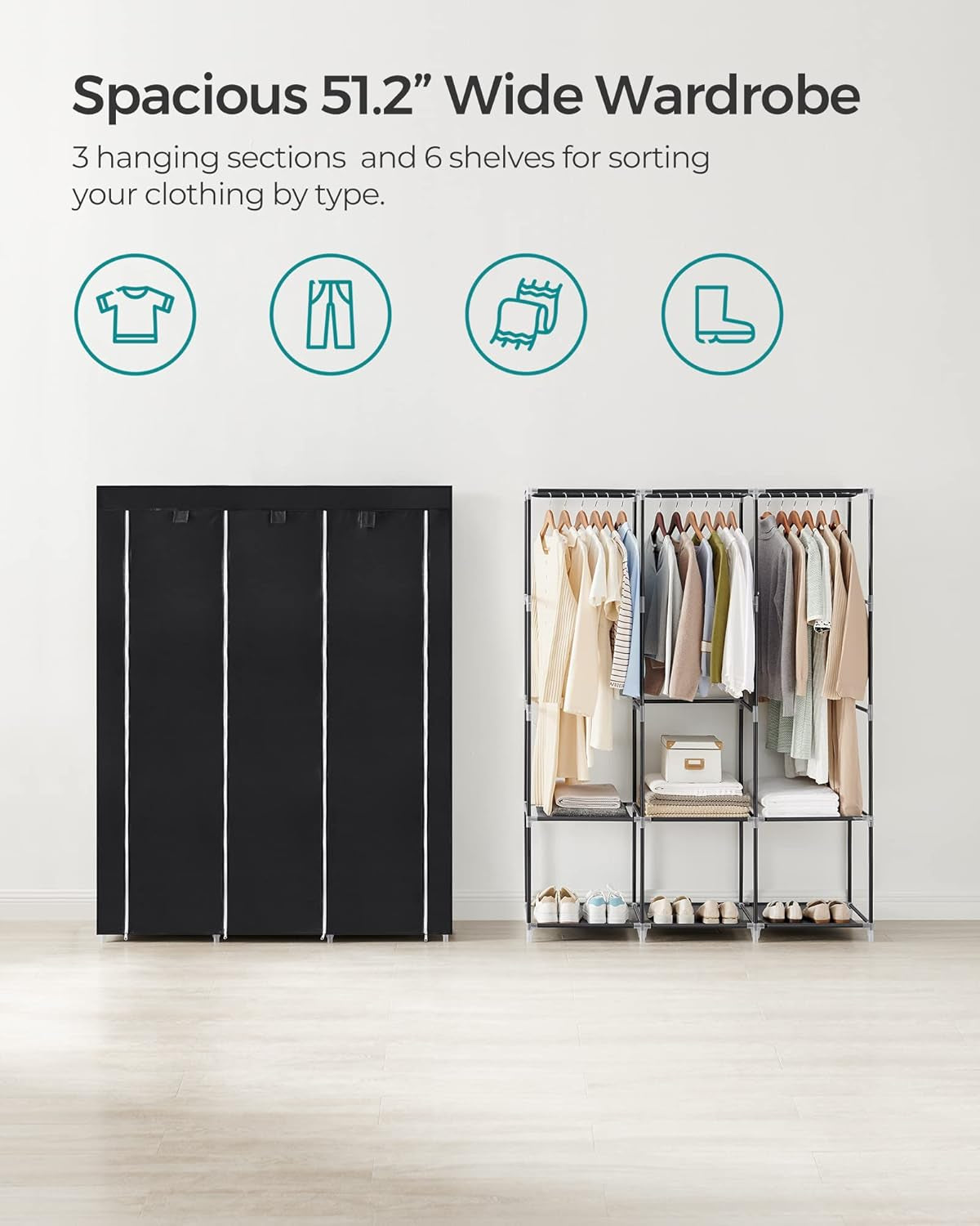 Portable Closet, Wardrobe Closet Organizer with Cover, 3 Hanging Rods and Shelves, 4 Side Pockets, 51.2 X 17.7 X 65.7 Inches, Large Capacity for Bedroom, Living Room, Ink Black URYG092B02