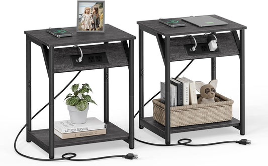 End Table with Charging Station, Set of 2, Small Side Tables for Living Room, Bedroom, Nightstand with Outlets and USB Ports, Bedside Table with Storage Shelf, Misty Gray and Black