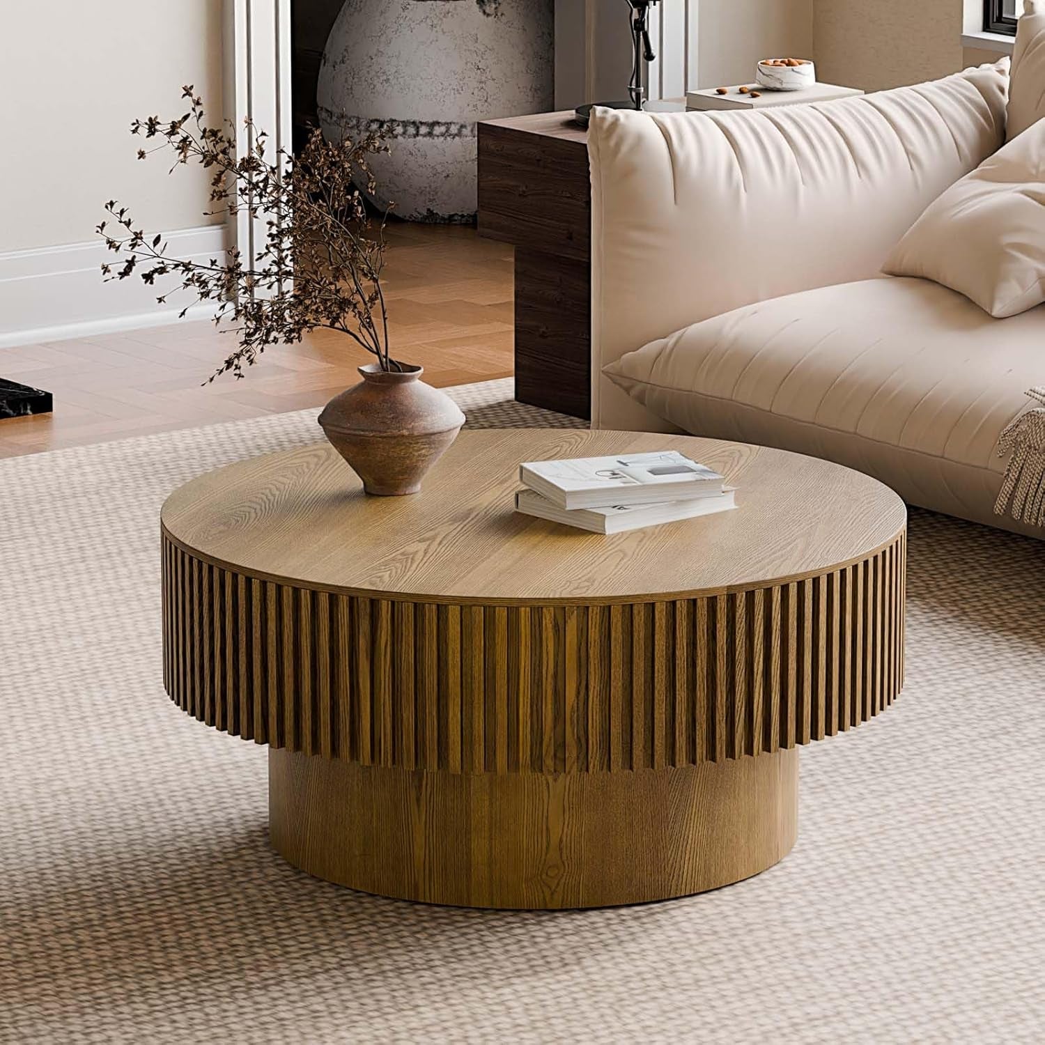 Round Coffee Table with Storage, Modern Wooden Coffee Table with Solid Wood Veneered, Circle Center Table Accent Tea Table for Living Room Apartment Small Space (31.5''L × 31.5''W × 14''H, Brown)