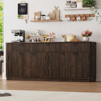 70” Large Curved Buffet Cabinet with 3 Storage Drawers,Kitchen Fluted Sideboard Cabinet W 4 Door Shelves,W Load-Bearing Steel Pipe,Wood Farmhouse Coffee Bar Cabinets,Kitchen Pantry(Rustic Brown)